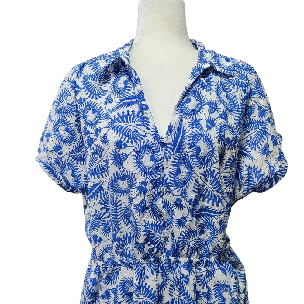Ophelia Roe Eyelet Midi Dress Blue White Leaf Print Cottagecore Tradwife Size XL - Picture 4 of 13